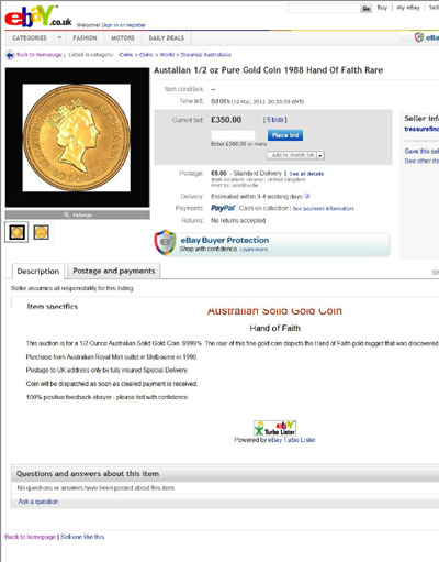 treasurefinder001's eBay Listing Using our 1988 Australian Half Ounce Gold Bullion Nugget - Hand of Faith Photograph